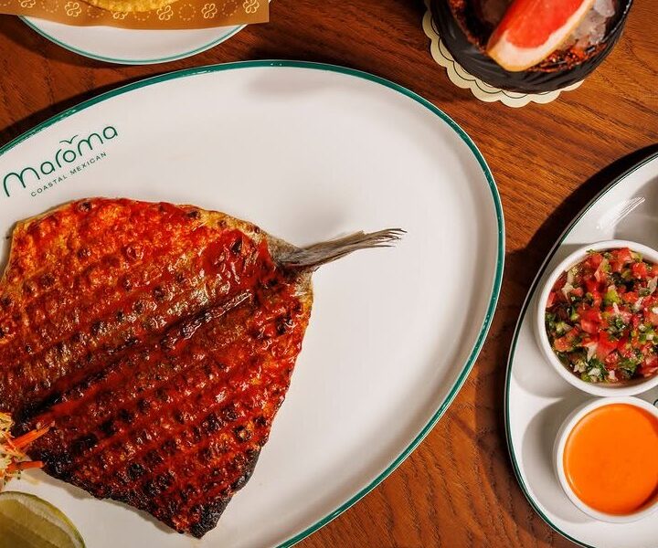 Sea bream a la talla with gochujang adobo glaze and sides